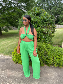  2-piece linen wrap top with pants ( green)