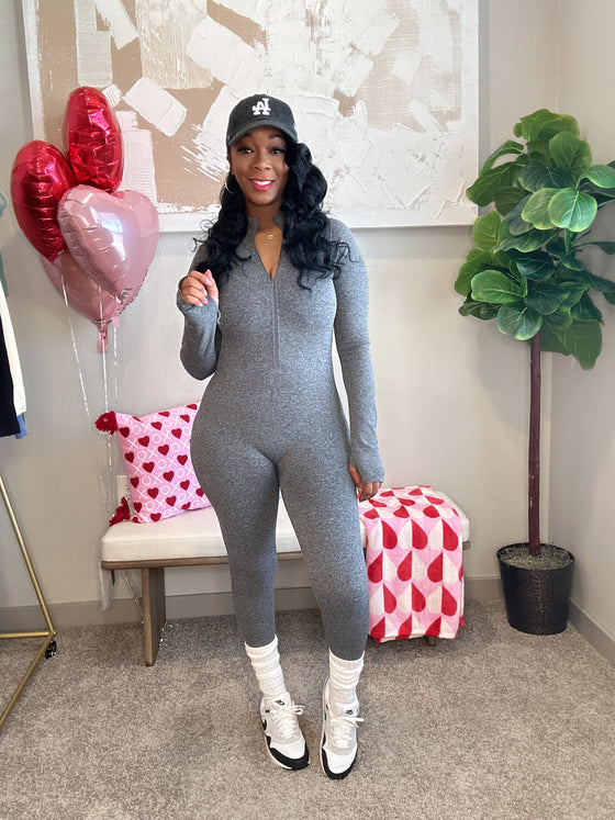 Zipper Mock Neck Thumb Jumpsuit- Gray