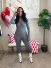 Zipper Mock Neck Thumb Jumpsuit- Gray