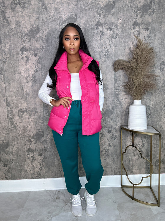 Zip Up Button Puffer Vest with Waist Toggles-Fuchsia