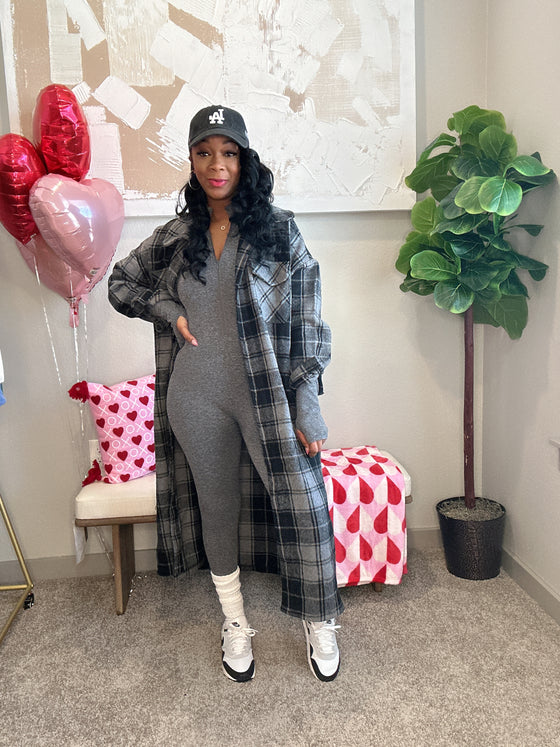 Zipper Mock Neck Thumb Jumpsuit- Gray