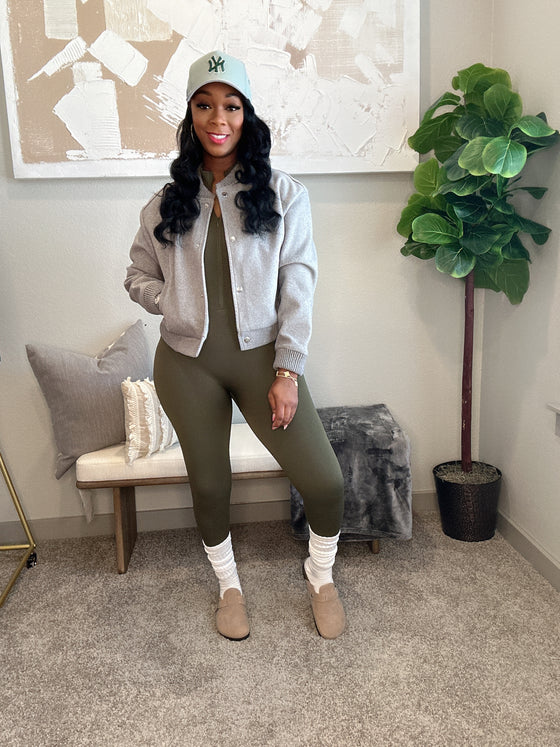 Zipper Mock Neck Thumb Jumpsuit- Olive