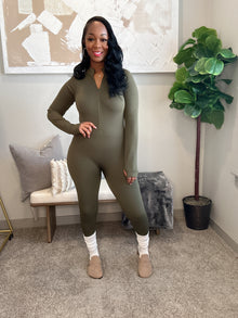  Zipper Mock Neck Thumb Jumpsuit- Olive